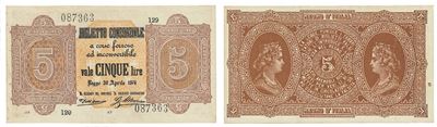Regno D’italia. Vittorio Emanuele II di Savoia, 1861-1878. Banca Nazionale nel Regno. 5 Lire Bigl...