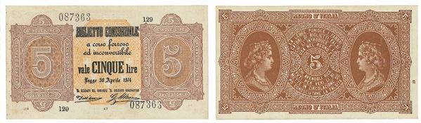 REGNO D’ITALIA. VITTORIO EMANUELE II DI SAVOIA, 1861-1878. BANCA NAZIONALE NEL REGNO. 5 Lire biglietto consorziale 30/04/1874.