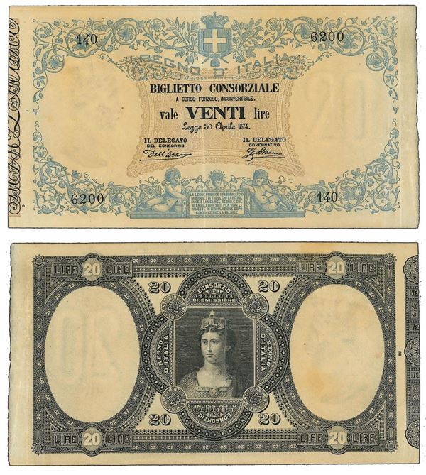 REGNO D’ITALIA. VITTORIO EMANUELE II DI SAVOIA, 1861-1878. BANCA NAZIONALE NEL REGNO. 20 Lire biglietto consorziale 30/04/1874.