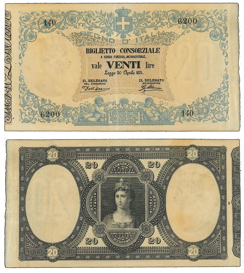 REGNO D’ITALIA. VITTORIO EMANUELE II DI SAVOIA, 1861-1878. BANCA NAZIONALE NEL REGNO. 20 Lire biglietto consorziale 30/04/1874.  - Asta Numismatica - I - Cambi Casa d'Aste