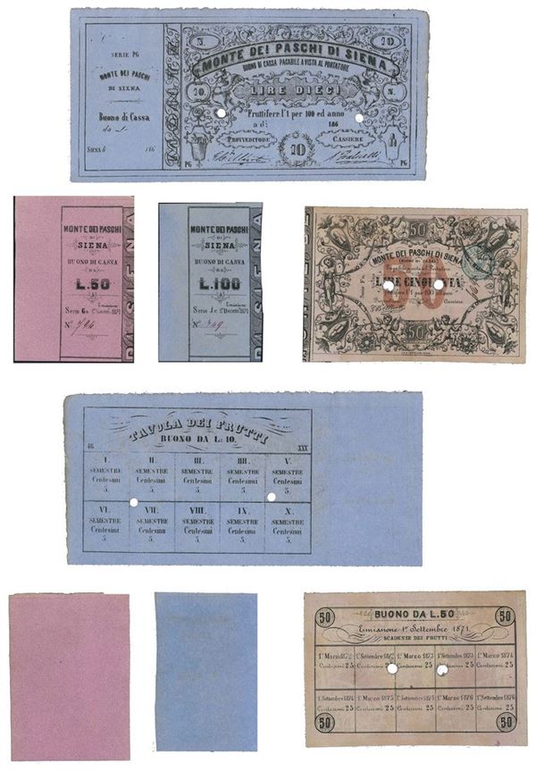 REGNO D’ITALIA. VITTORIO EMANUELE II DI SAVOIA, 1861-1878. MONTE DEI PASCHI DI SIENA. Lotto di quattro esemplari.