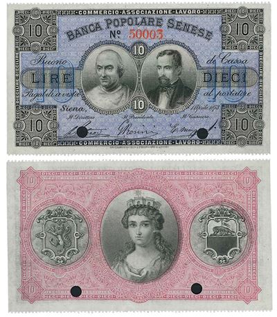 Regno D’italia. Vittorio Emanuele II di Savoia, 1861-1878. Banca Popolare Senese. 10 Lire 01/04/1...