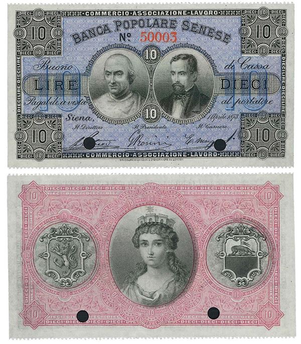 REGNO D’ITALIA. VITTORIO EMANUELE II DI SAVOIA, 1861-1878. BANCA POPOLARE SENESE. 10 Lire 01/04/1873 Specimen.