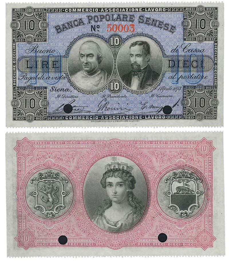REGNO D’ITALIA. VITTORIO EMANUELE II DI SAVOIA, 1861-1878. BANCA POPOLARE SENESE. 10 Lire 01/04/1873 Specimen.  - Auction Numismatics - I - Cambi Casa d'Aste