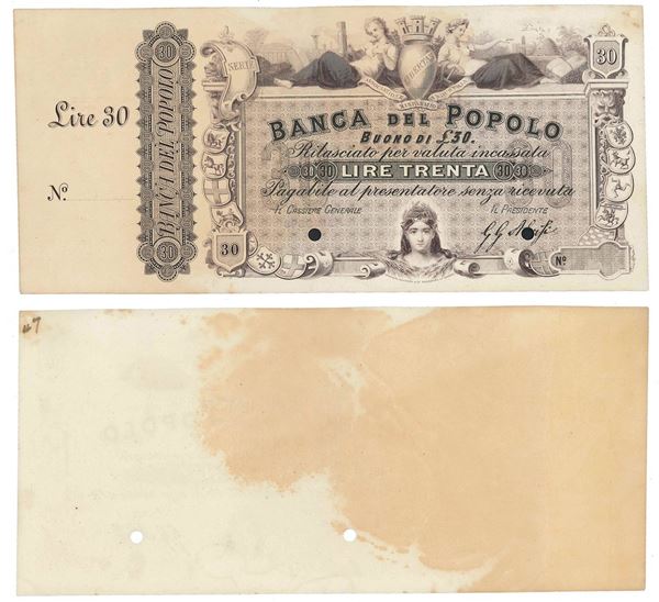 REGNO D’ITALIA. VITTORIO EMANUELE II DI SAVOIA, 1861-1878. BANCA DEL POPOLO DI FIRENZE. 30 Lire 02/09/1867. Prova su cartoncino su matrice.