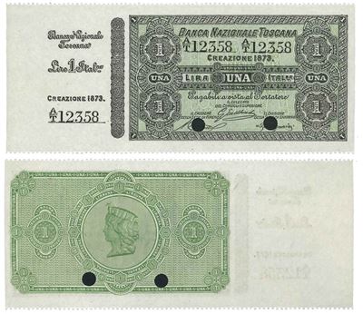 Regno D’italia. Vittorio Emanuele II di Savoia, 1861-1878. Banca Nazionale Toscana. Lira 1873 Spe...