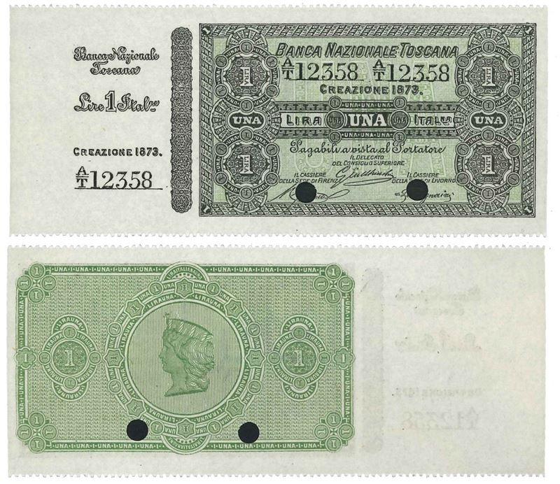 REGNO D’ITALIA. VITTORIO EMANUELE II DI SAVOIA, 1861-1878. BANCA NAZIONALE TOSCANA. Lira 1873 specimen con matrice.  - Auction Numismatics - I - Cambi Casa d'Aste