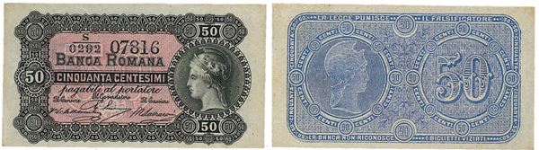 REGNO D’ITALIA. VITTORIO EMANUELE II DI SAVOIA, 1861-1878. BANCA ROMANA. 50 Centesimi 1872.