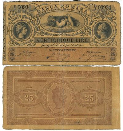 Regno D’italia. Vittorio Emanuele II di Savoia, 1861-1878. Banca Romana. 25 Lire 1883.
