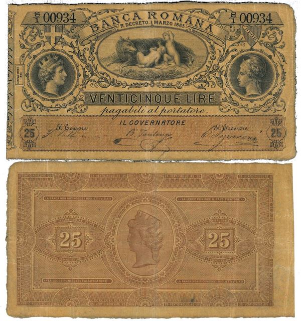 REGNO D’ITALIA. VITTORIO EMANUELE II DI SAVOIA, 1861-1878. BANCA ROMANA. 25 Lire 1883.