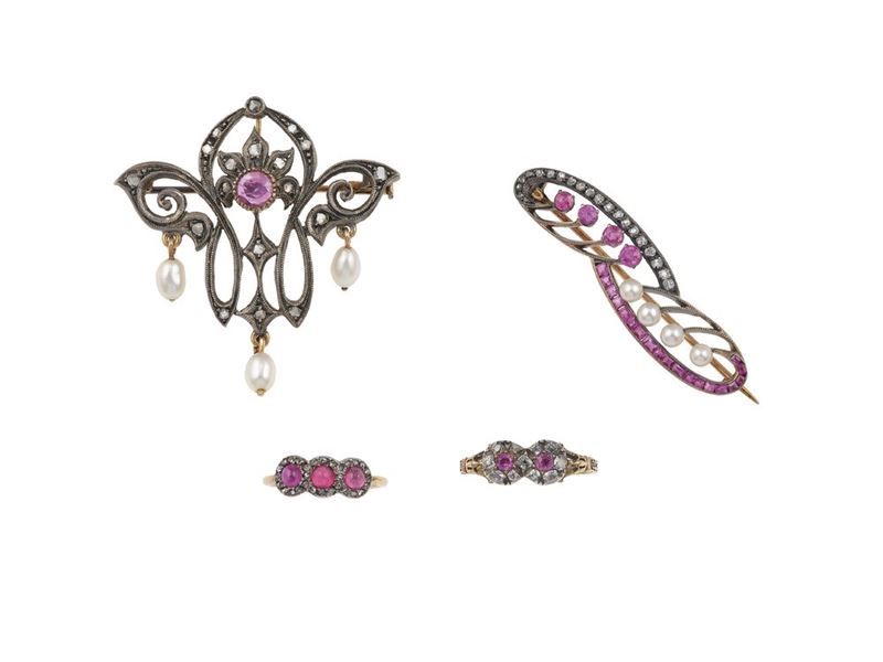 Group of diamond, ruby and cultured pearl jewels  - Auction Jewels - Cambi Casa d'Aste