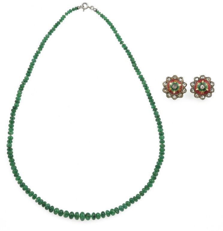 Emerald necklace and pair of enamel earrings  - Auction Jewels - Cambi Casa d'Aste