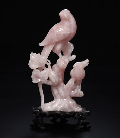 Gruppo scultoreo, uccellino tra i rami in quarzo, Cina, XX secolo