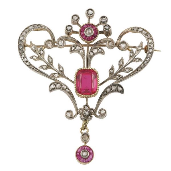 Rose-cut diamond, synthetic ruby and gold brooch