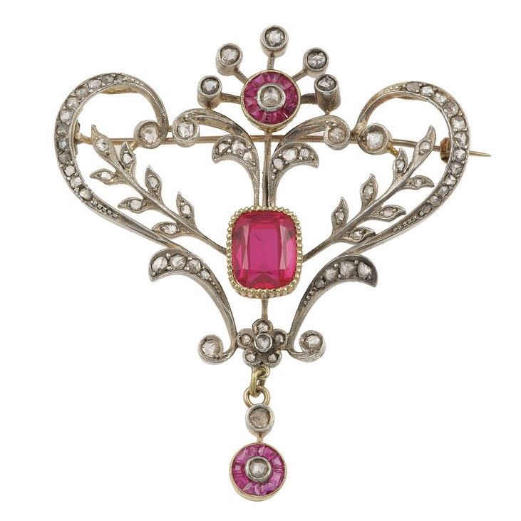 Rose-cut diamond, synthetic ruby and gold brooch  - Auction Jewels - Cambi Casa d'Aste