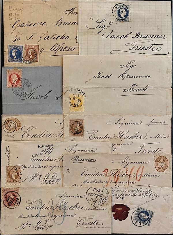 1864/82, Levante Austriaco, piccolo archivio di 26 buste o lettere + due frontespizi, quasi tutte dirette a Trieste