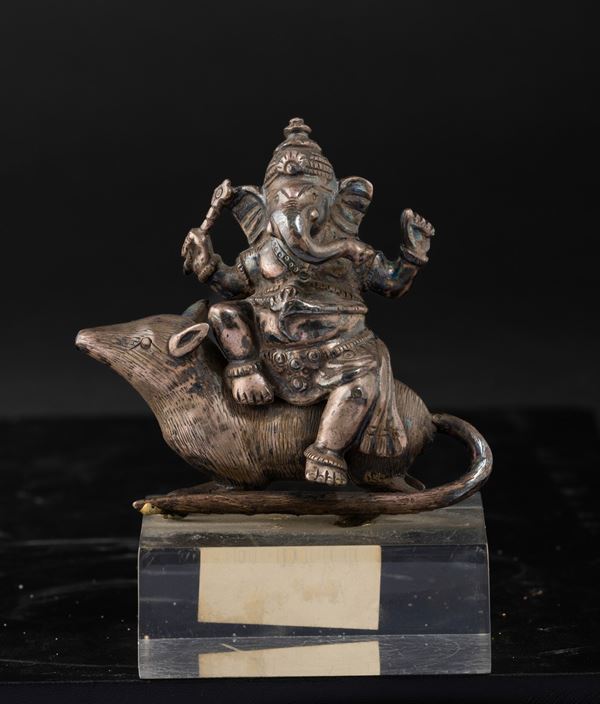Figura di Ganesha seduta su topo in bronzo, India, XVIII secolo