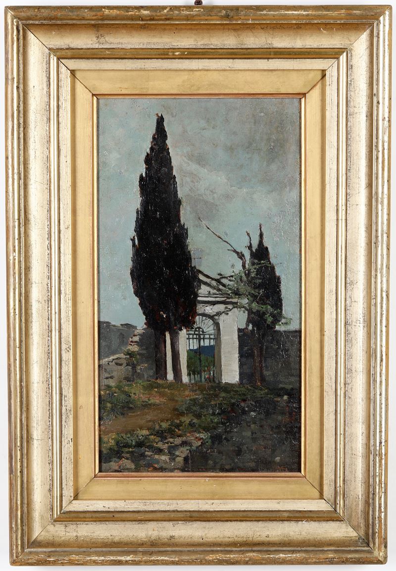 Scuola del XX secolo Paesaggio con cipressi  - olio su cartoncino - Asta Antiquariato e dipinti - Cambi Casa d'Aste