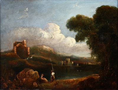 Scuola Dell’inizio del XIX Secolo Paesaggio con Contadini in Riva al Fiume