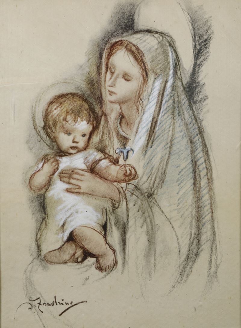 Adelina Zandrino : Madonna con il Bambino  - tecnica mista su carta - Auction Antiques and paintings - Cambi Casa d'Aste