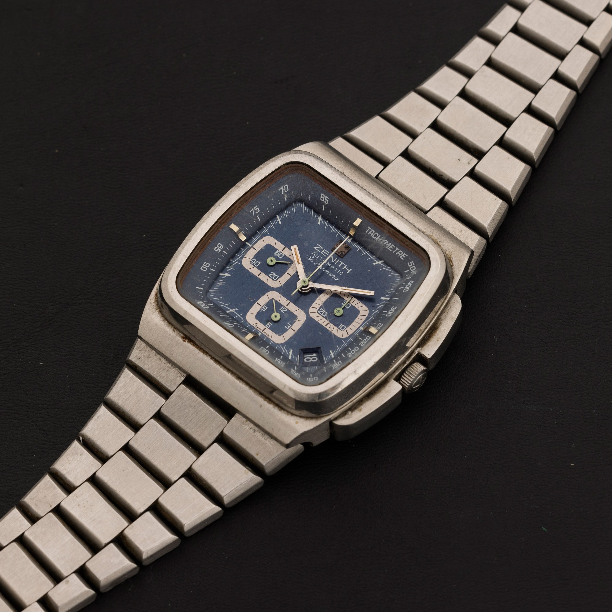 Zenith - El Primero Automatic in Acciaio, Cronografo Tre Contatori, Quadrante Blu e Cassa Tv, 36x...