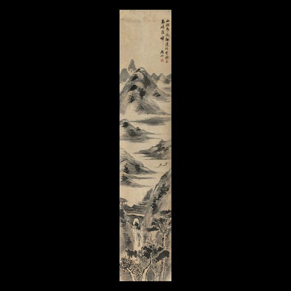 Scroll su carta a decoro di paesaggio, Cina, XX secolo