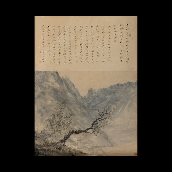 Scroll su carta a decoro di paesaggio e iscrizioni, Cina, XX secolo