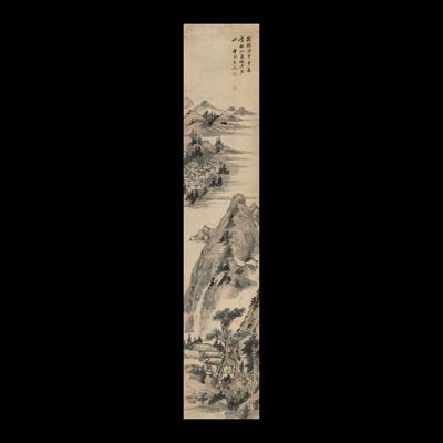 Scroll su Carta a Decoro di Paesaggio e Iscrizioni, Cina, XX Secolo