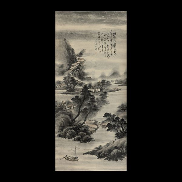 Scroll su carta a decoro paesaggio con iscrizioni, Cina, Dinastia Qing, XIX secolo
