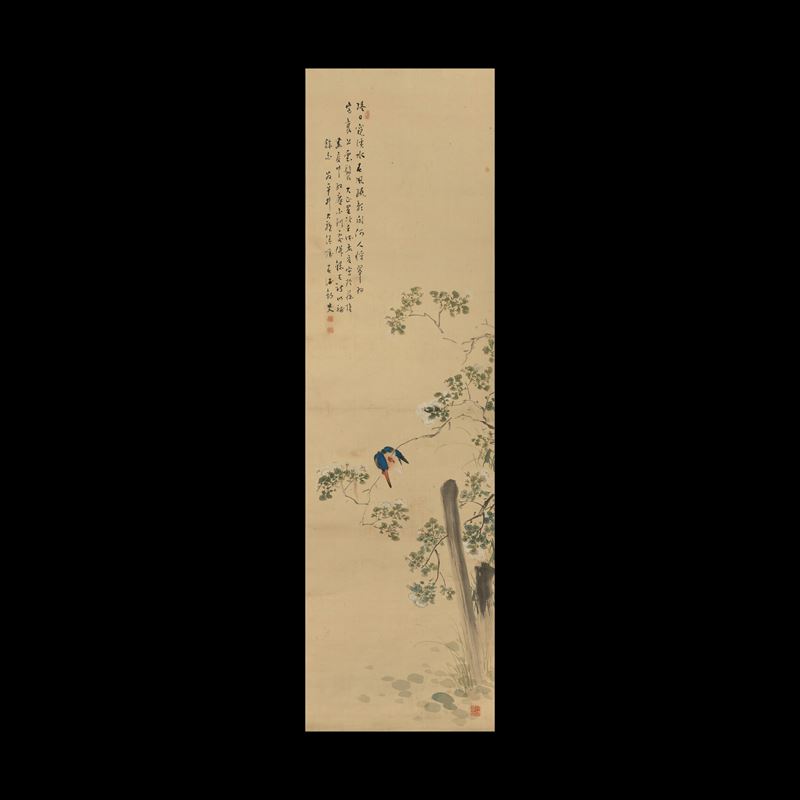 Scroll su carta a decoro di arbusti con uccelli e iscrizioni, Cina, XX secolo  - Asta Fine Chinese Works of Art - Cambi Casa d'Aste