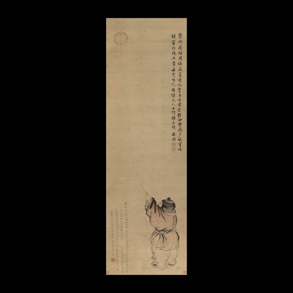 Scroll su carta a decoro di personaggio con palloncino e iscrizioni, Cina, XIX secolo