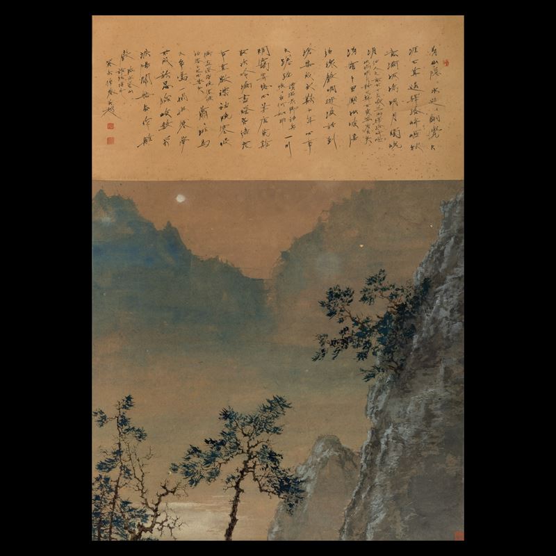Scroll su carta a decoro di paesaggio e iscrizioni, Cina, XX secolo  - Asta Fine Chinese Works of Art - Cambi Casa d'Aste