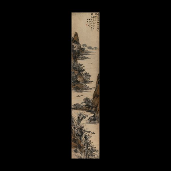 Scroll su carta con decoro di paesaggio e iscrizioni, Cina, Dinastia Qing, XIX secolo