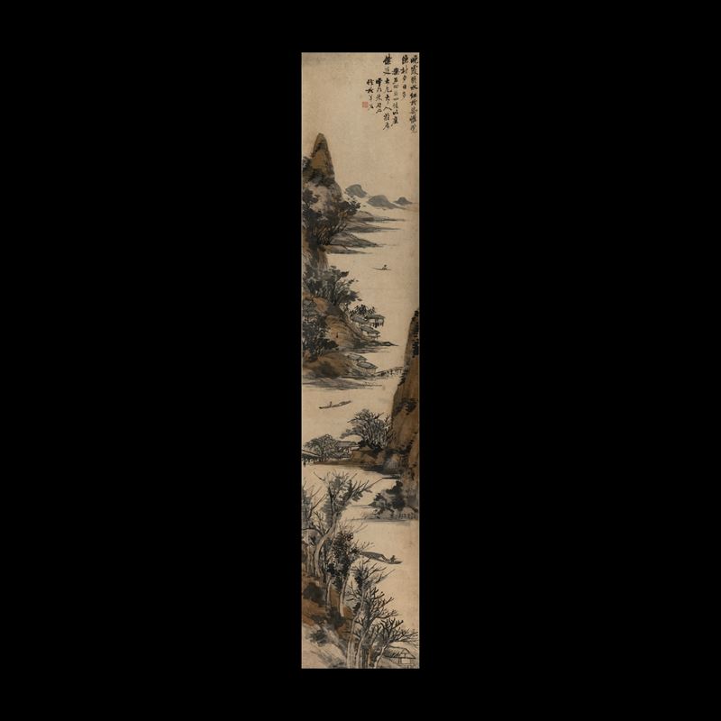 Scroll su carta con decoro di paesaggio e iscrizioni, Cina, Dinastia Qing, XIX secolo  - Asta Fine Chinese Works of Art - Cambi Casa d'Aste
