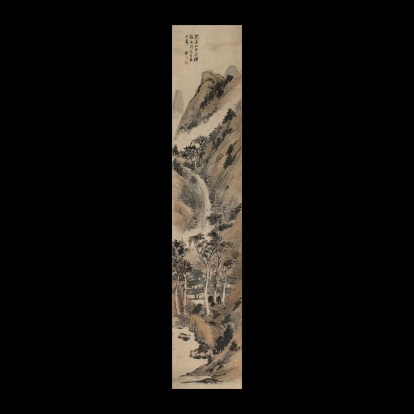 Scroll su carta a decoro di paesaggio con iscrizioni, Cina, XX secolo