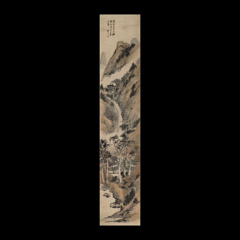 Scroll su carta a decoro di paesaggio con iscrizioni, Cina, XX secolo  - Asta Fine Chinese Works of Art - Cambi Casa d'Aste