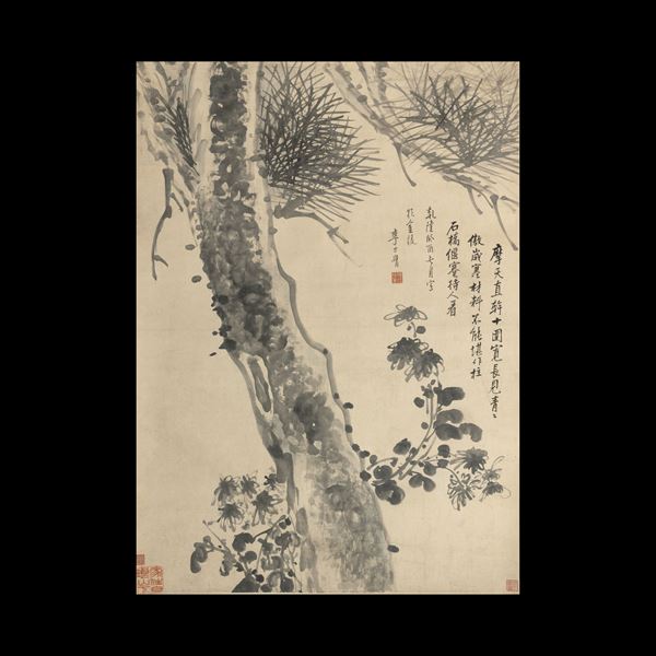 Scroll su carta a decoro di albero e iscrizioni, firmato Li Fangying (1696-1755)