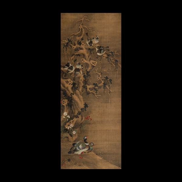 Scroll su carta a decoro di paesaggio con animali, Cina, Dinastia Qing, XIX secolo
