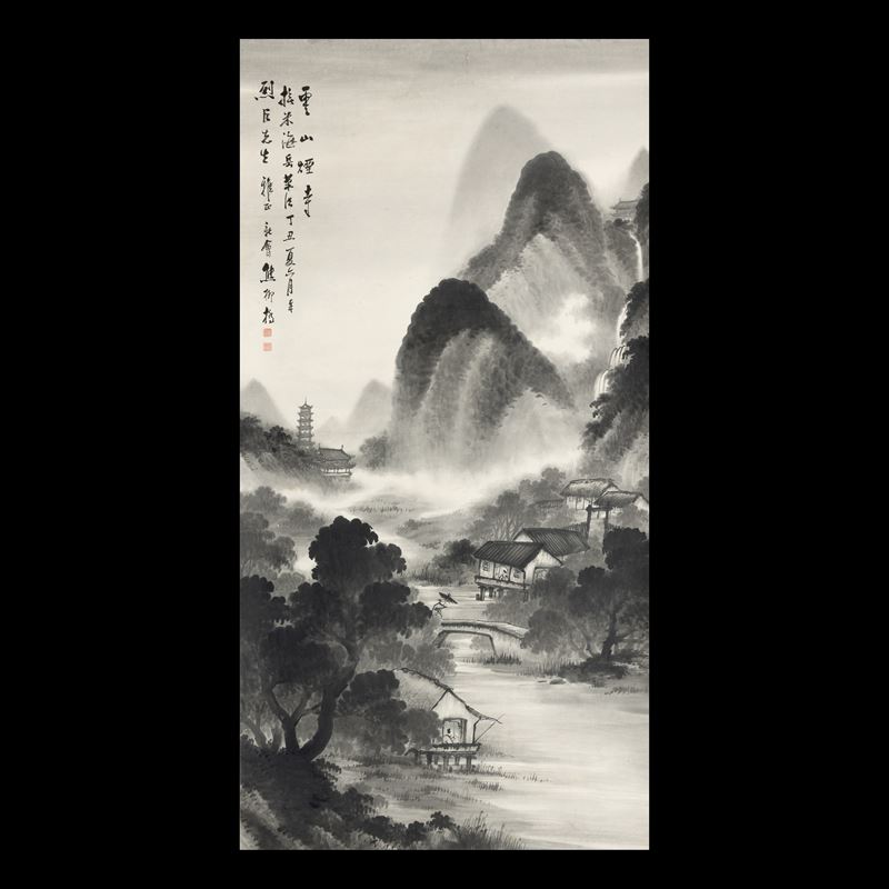 Scroll su carta a decoro di paesaggio e iscrizioni, Cina, XX secolo  - Asta Fine Chinese Works of Art - Cambi Casa d'Aste