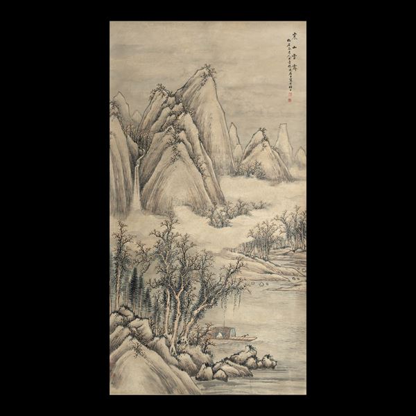 Scroll su carta a decoro di paesaggio e iscrizioni, Cina, Dinastia Qing, XIX secolo