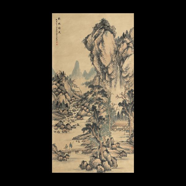 Scroll su carta a decoro di paesaggio, Cina, Dinastia Qing, XIX secolo
