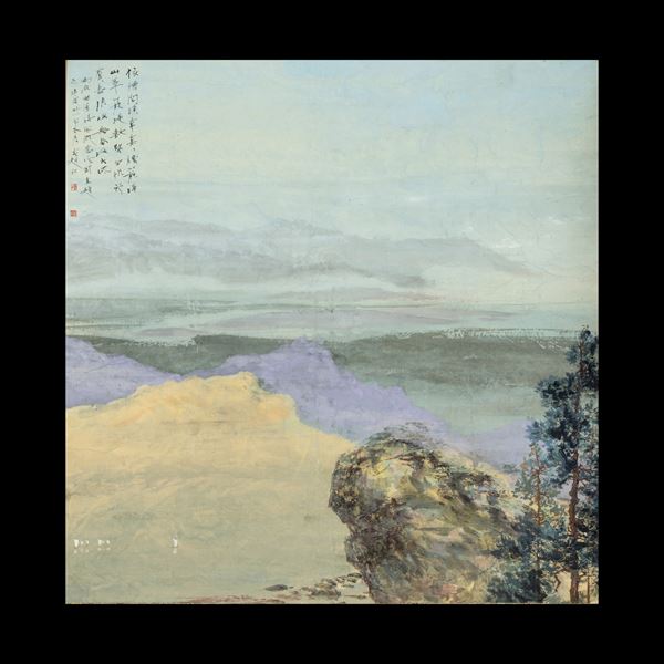 Scroll su carta a decoro di paesaggio e iscrizioni, Cina, XX secolo