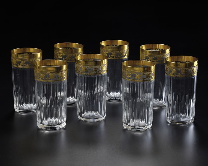 Otto bicchieri “Callot Or”  Francia, Manifattura Saint Louis, seconda metà del XX secolo  - Asta L'Art de la Table - Cambi Casa d'Aste