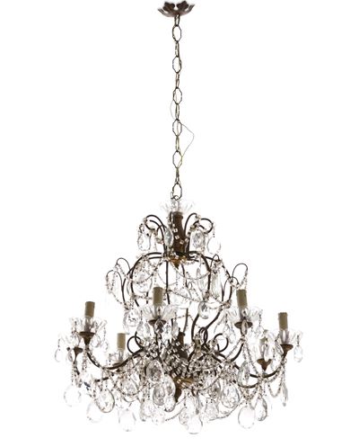 Lampadario a Otto Luci in Metallo e Vetro. XX Secolo