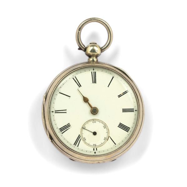 Orologio da tasca inglese in argento a ribaltina, quadrante bianco con numeri Romani e piccoli secondi al sei, movimento con scappamento ad ancora<BR>50 mm