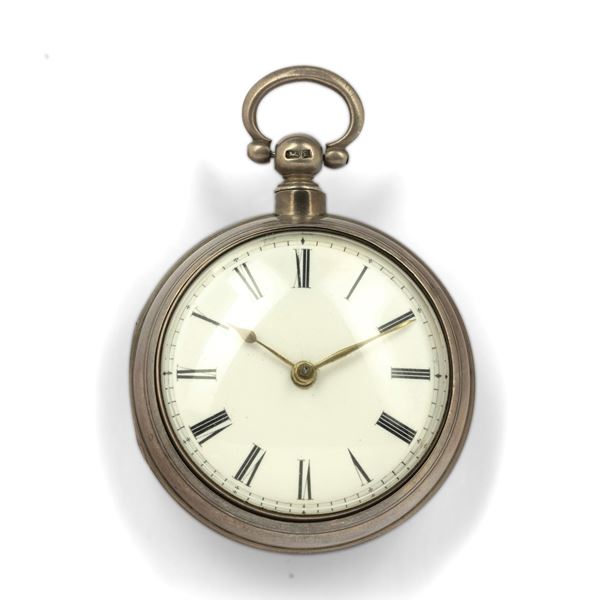 Orologio da tasca inglese con doppia cassa in argento a ribaltina, quadrante smalto bianco con numeri Romani, scappamento a verga<BR>54,5 mm