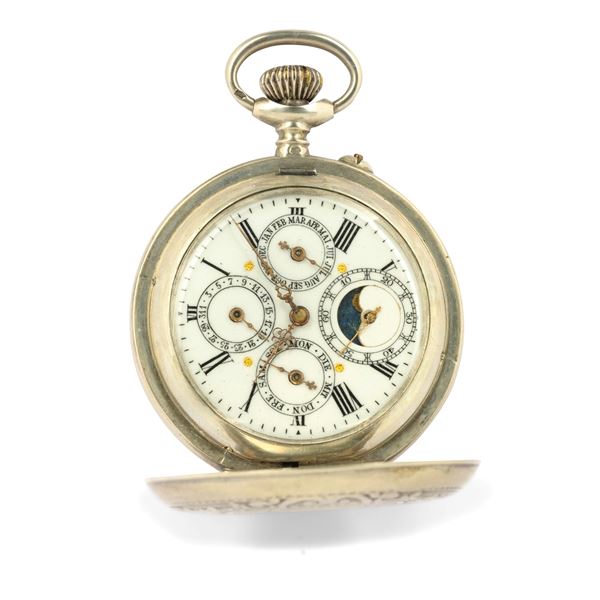 Savonette in metallo, quadrante bianco con calendario completo e fasi lunari, movimento con scappamento ad ancora<BR>52 mm