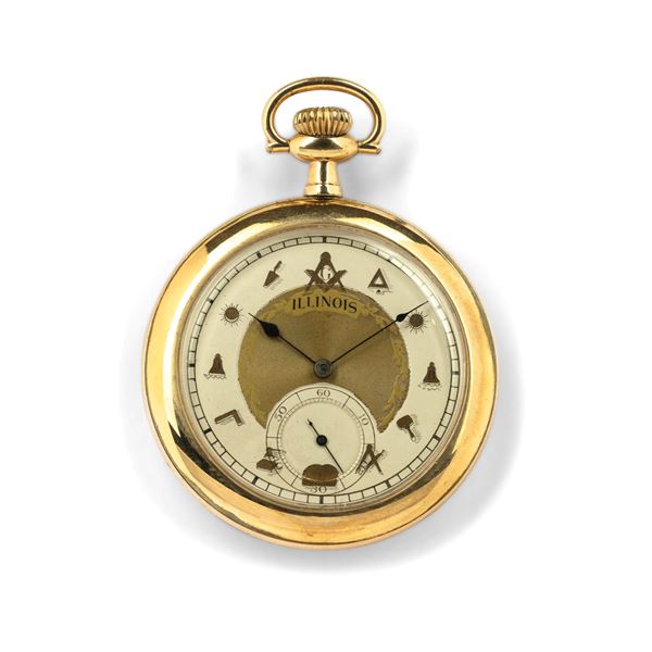 Orologio da tasca in metallo laminato, quadrante bicolore bianco e dorè con simboli massonici<BR>47 mm