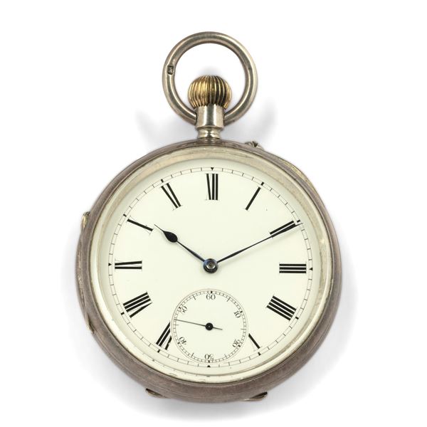 Orologio da tasca inglese in argento, quadrante bianco con piccoli secondi al sei, movimento con scappamento ad ancora<BR>53 mm