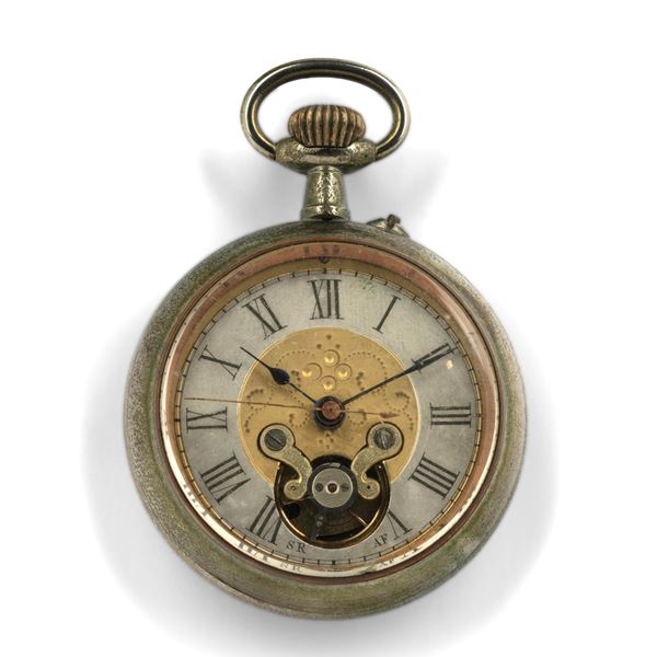 Orologio da tasca in metallo, quadrante bitonale con scappamento a vista, circa 1780<BR>52 mm